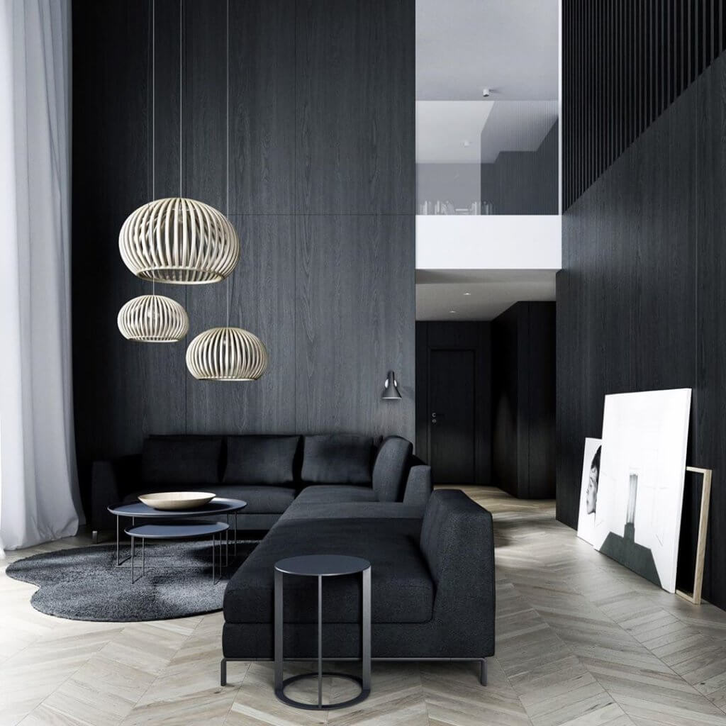 33+  Dark Homes, black interior design decoration with light as the axis.